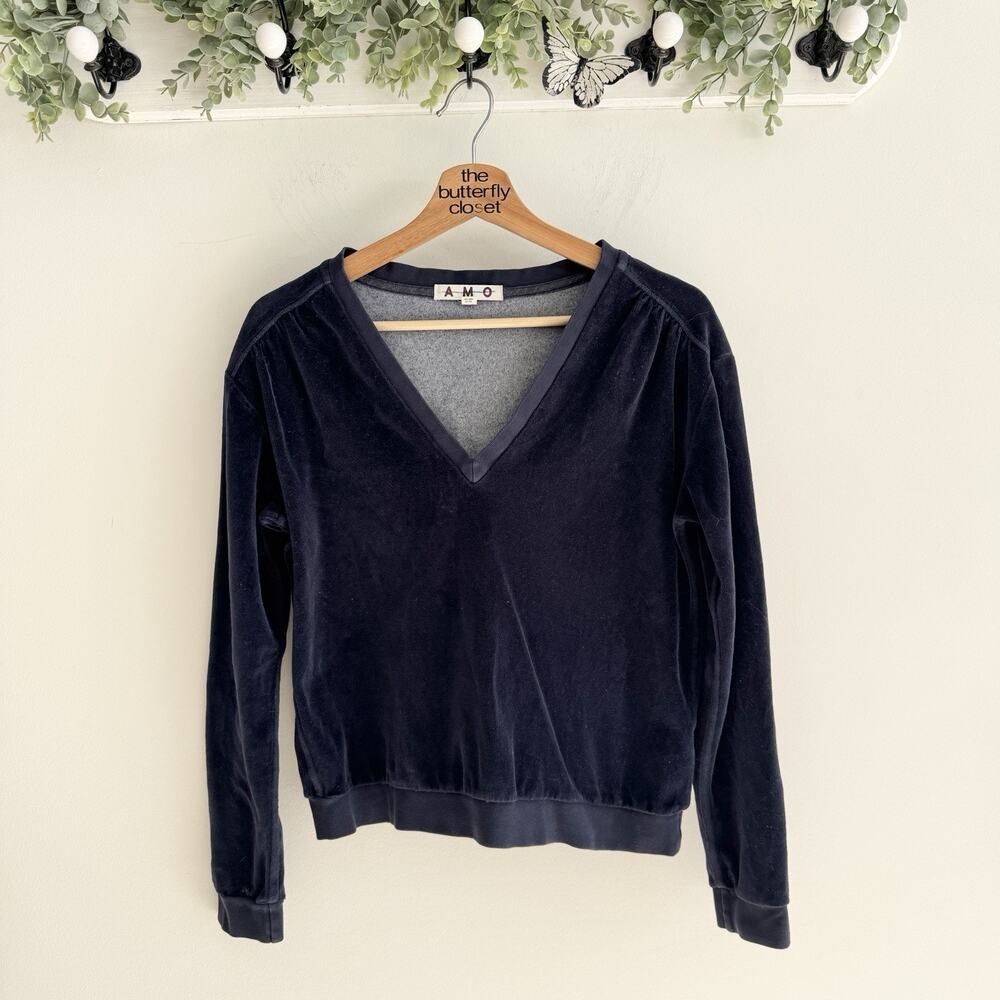 Amo Sweatshirt Women Small Velour V Neck Blue Moon Soft Velvet Long Sleeve XS